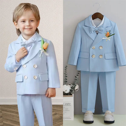 Macaroon Colorful Toddler Suit Set Double Breasted Kids Suits Blazer Pants Bow-tie Brooch Boy's Formal Tuxedo Dresswear