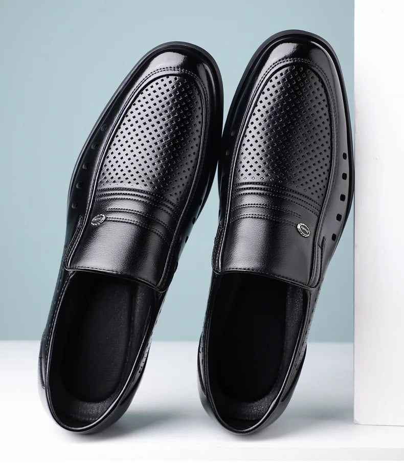 New Designer Big Size Leather Shoes For Men Summer Breathable Hallow Business Casual Shoes Male Solid Color Fashion Loafers Man