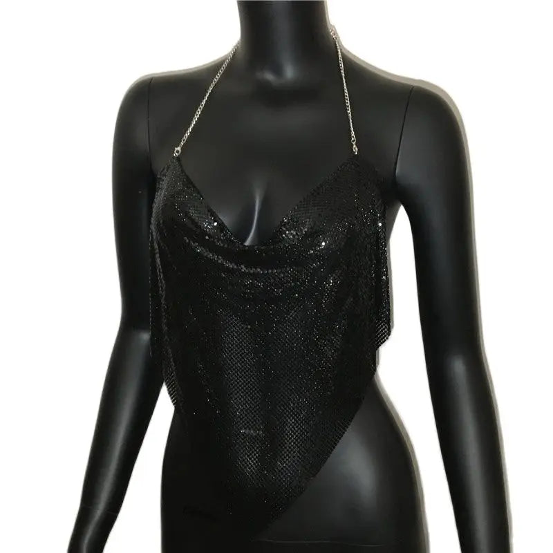 Women Solid Sequined Metal Camis Top 2025 Sexy Halter Backless V Strappy Party Nightclub Vest Cropped Tops