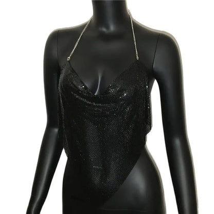 Women Solid Sequined Metal Camis Top 2025 Sexy Halter Backless V Strappy Party Nightclub Vest Cropped Tops