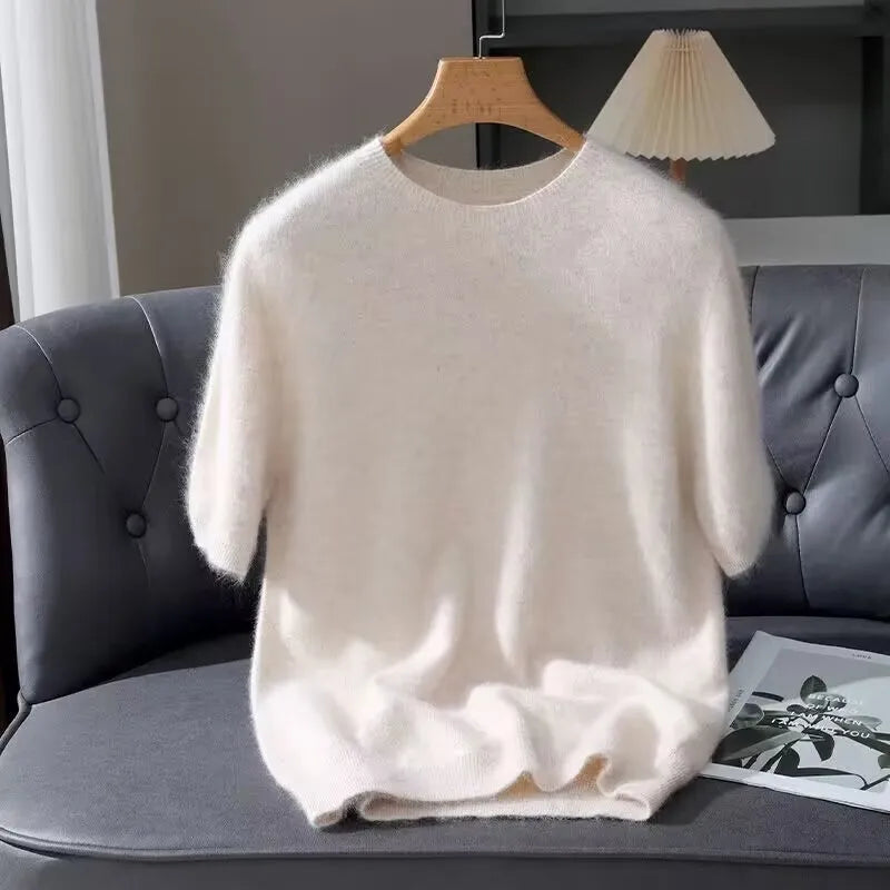 Men's Sweater Pullover Short Sleeved Summer Mink Knit Sweater Loose Round Neck Solid Color Half Sleeved Simple T-Shirt Casualtop