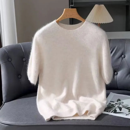 Men's Sweater Pullover Short Sleeved Summer Mink Knit Sweater Loose Round Neck Solid Color Half Sleeved Simple T-Shirt Casualtop