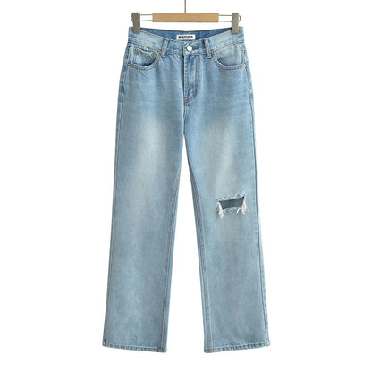 High‑Waist Straight‑Leg Distressed Jeans