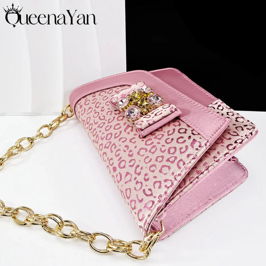 Shiny Italian Fashion Pointed Toe Women Heel Fashion Rhinestone Decoration Pink Color Shoes And Bag Set