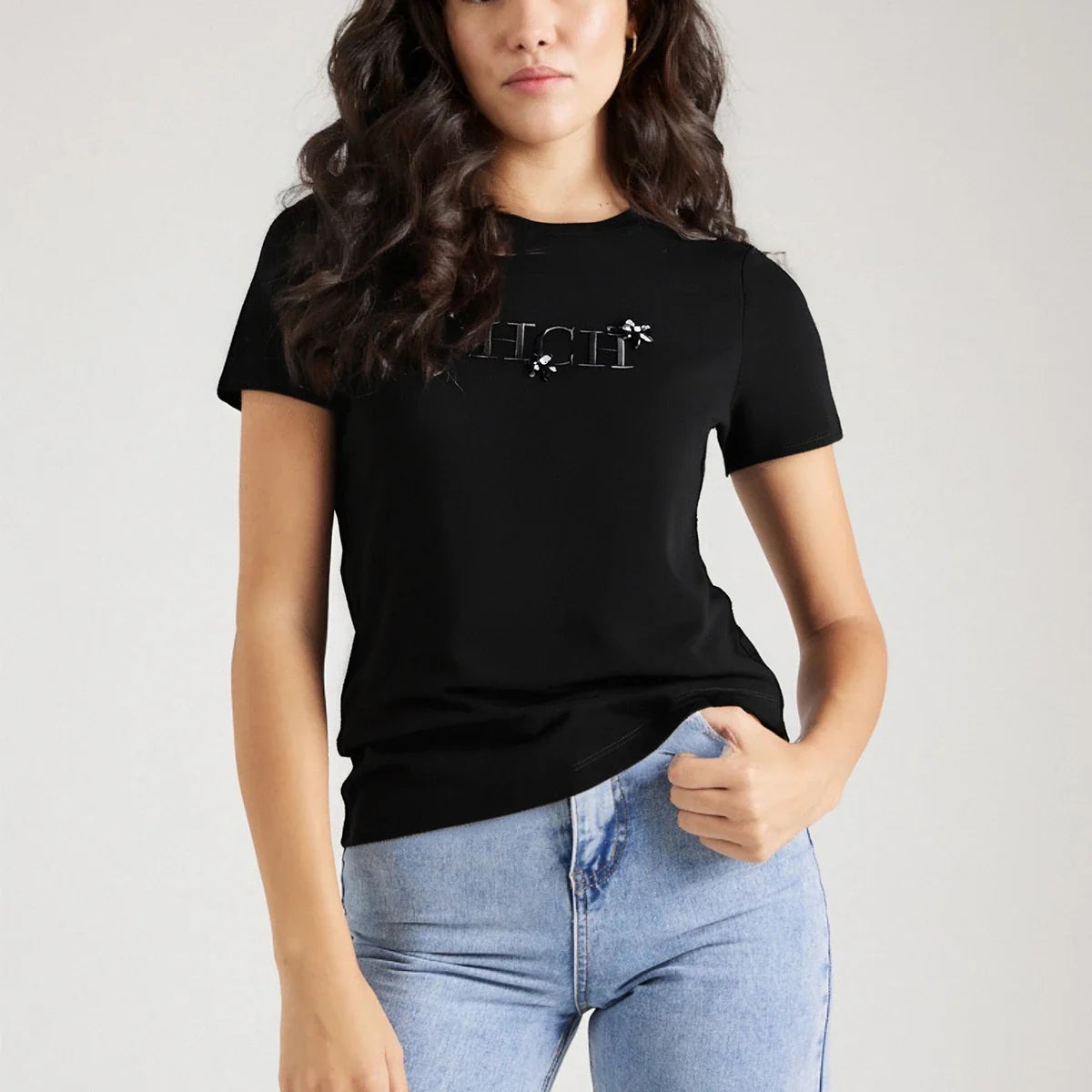 Women's T-shirt New Black Heavy duty Embroidered Round Neck Top Casual Comfortable Top