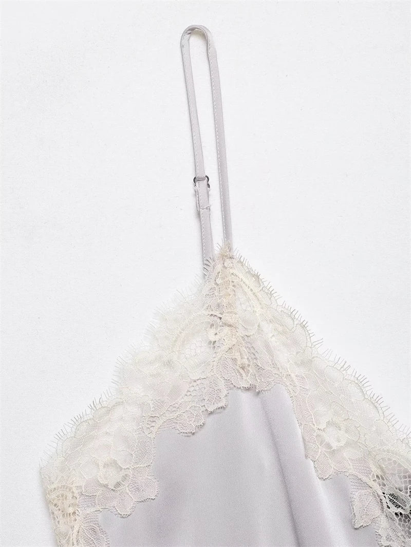 Women's Top 2026 New Spring Summer Lace Decoration Satin Textured Top for Women Chic Personality Female Spaghetti Strap Top