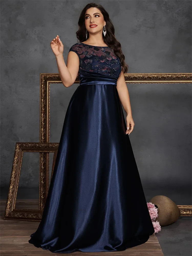 Plus Size O-neck Elegant Sequins Splicing Evening Dresses Luxury Sleeveless Satin Wedding Party Prom Cocktail Gowns