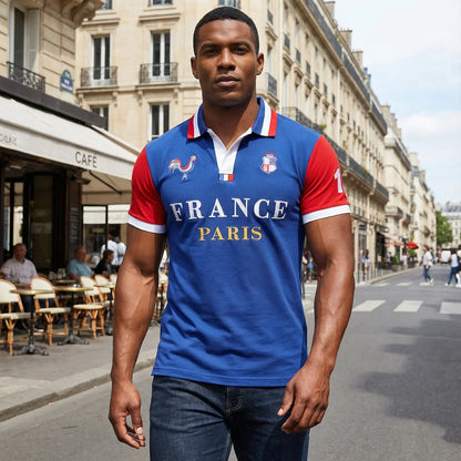 Men's polo shirt Paris France embroidery stitching color contrast classic fashion original design polo collar pure cotton