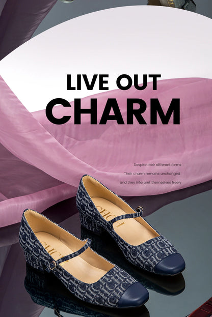 Women's High Heels New Low Heel Texture Mommy Casual Shoes Mary Jane Shoes