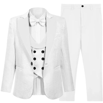 Hot Selling Stylish Paisley Jacquard Boys Formal Suit Set 3-14 Years 4 Piece Kids Wedding Tuxedo Elegant Blazer Vest Pants Bow