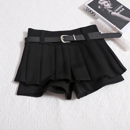 Kimotimo Womens Shorts Autumn Winter Belt High Waist Fluffy Pleated A-line Short Pants Korean Fashion Sexy Y2k All Match Clothes
