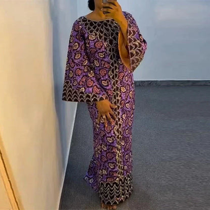 Bohemian Party Dress Elegant Women Printing Sundress Vintage Flare Long Sleeve Maxi Vestidos Oversized O-Neck Robe Femme