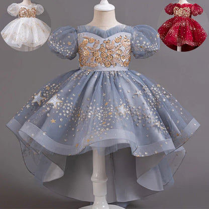 Girl Tail Wedding Bridesmaid Dress Children's Elegant Banquet Dress Children's Round Neck Sleeveless Dress Girl