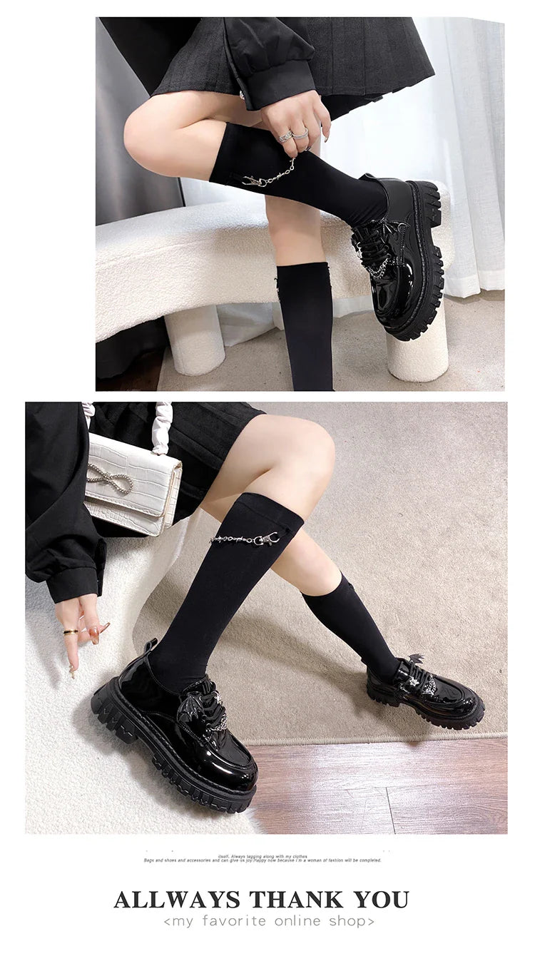 Punk Wind Fashion Single Shoes Autumn New Devil Bat Wings Gothic Women's Shoes Thick Bottom Waterproof Platform Metal Chain