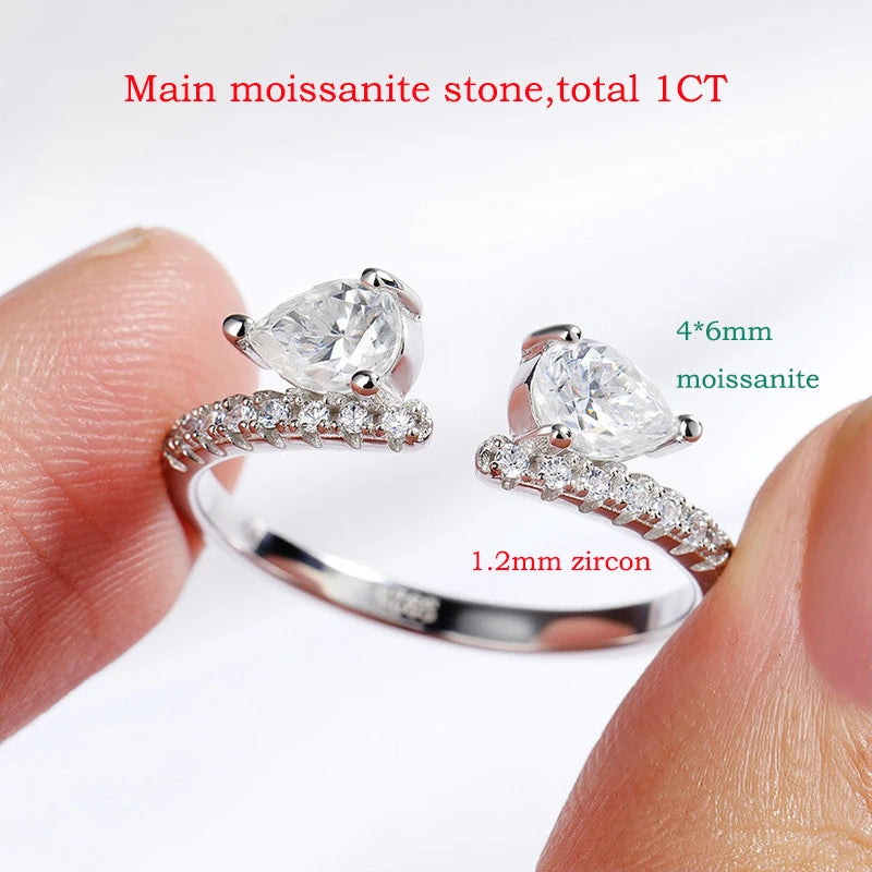 Double Pear Cut Moissanite Rings for Women Adjustable 5-9 Size Lab Diamond Wedding Female Jewelry 925 Sterling Silver