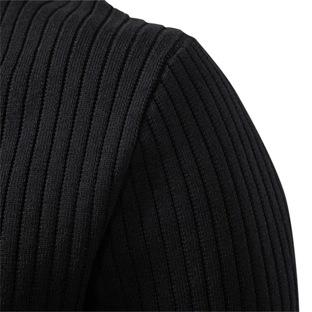 Button Placket Polo Shirt Men Ribbed Stripe Long Sleeve Contemporary Fit Minimalist Autumn Winter Premium Business Top
