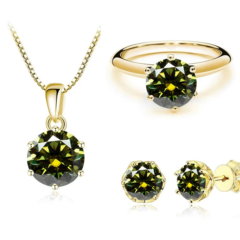 1Carat Moissanite Jewelry Set For Women Sterling S925 Silver Gold Plated Necklace Earrings Ring GRA Certified Wedding