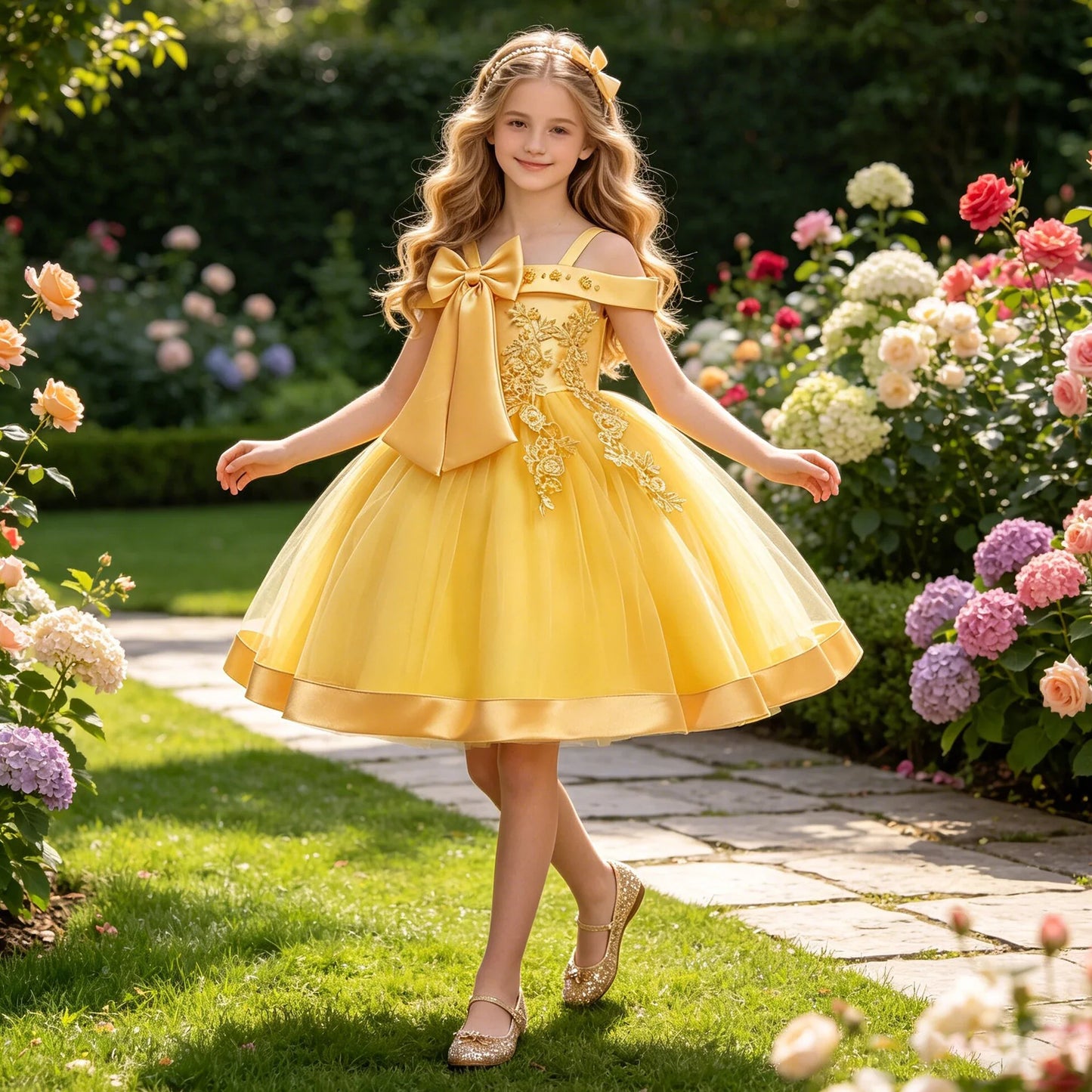 Summer Bow Party Wedding Girls Dresses Elegant Tulle Bridesmaid Birthday Princess Prom Dress Girl Gala Christmas Evening Costume