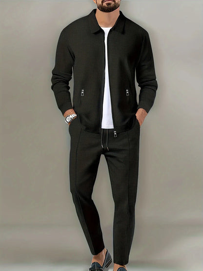 Men's Casual Solid Color Zipper Jacket and Pants Suit - Breathable Polyester Fiber for Spring/Autumn