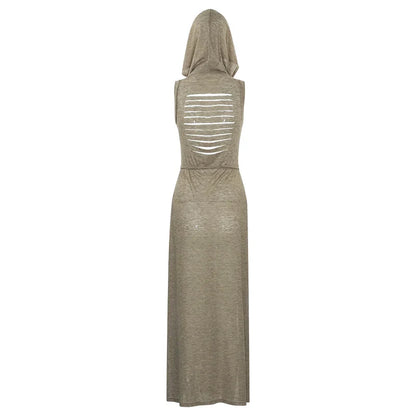 European And American Style Sleeveless Hooded Dress Long Split Hollow out Pure Color Women's Gown