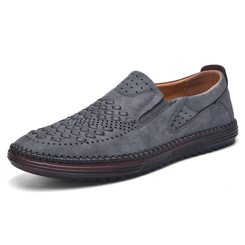 New 2024 Handmade Leather Men Shoes Design Fashion Sneakers Slip On Loafers Summer Mesh Breathable Casual Shoes Men Driving Flat