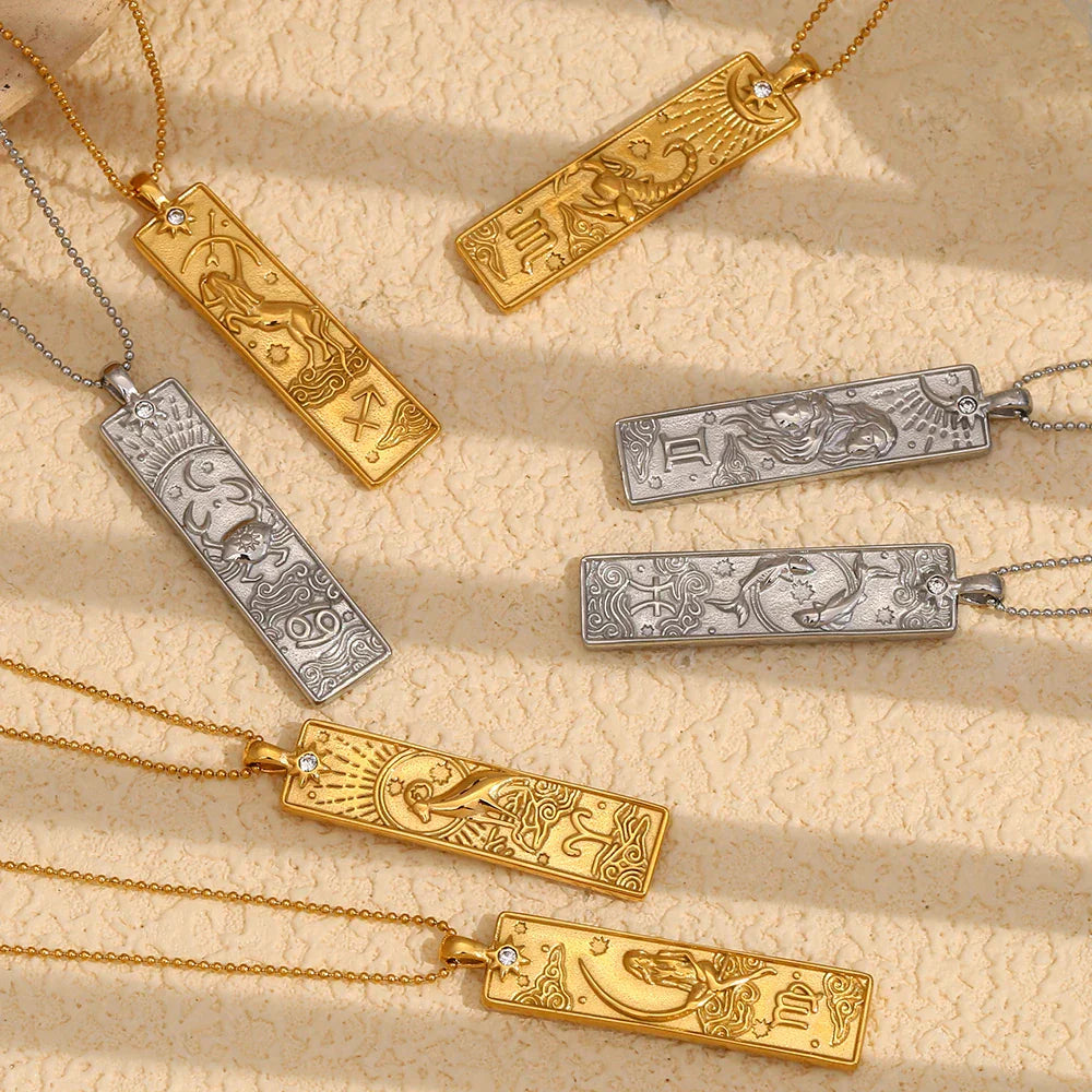 18k Gold Plated Rectangle Shape 12 Constellation Pendant Necklace Stainless Steel Waterproof Fashion Women's Jewelry
