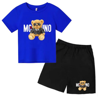 Boys Girls Summer Casual 2Pcs Set Lovely Bear Letter Print T-shirt & Shorts Comfortable Sports Running Suit