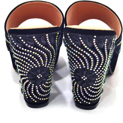 The Latest Italian Design Rotary Rhine-Diamond Floral Thick Heel Platform Women's Comfortable Shoes Bag and Shoe Set