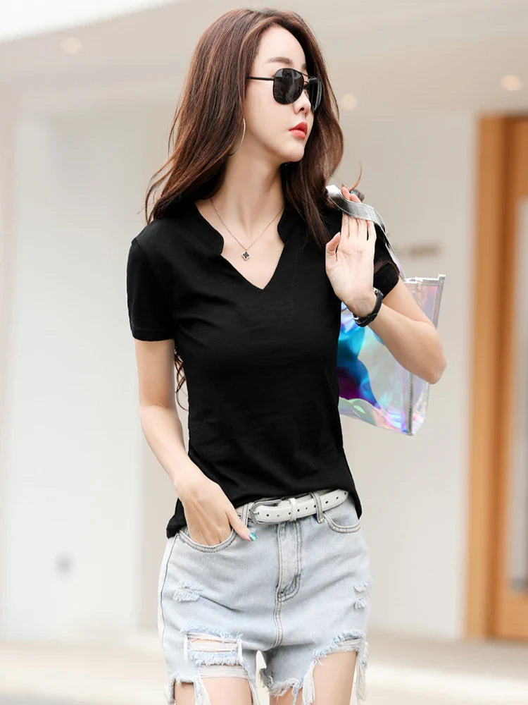 Summer Bamboo Cotton T-Shirt Cotton Women V-Neck Soft Tshirts Female Basic Fashion Classic S-3XL Ladies Tops