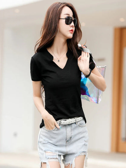 Summer Bamboo Cotton T-Shirt Cotton Women V-Neck Soft Tshirts Female Basic Fashion Classic S-3XL Ladies Tops