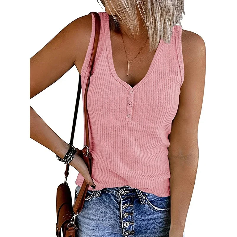 9 Colour Casual Chic Ribbed Tank Top - Everyday Sleeveless V-Neck Slight Stretch Durable Easy Care All-Season Essential