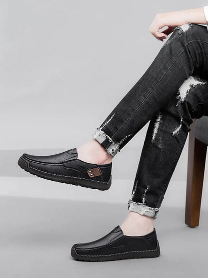 Men's Handmade Thick Rubber Bottom Breathable Casual Leather Shoes Classic Sewn Loafers Comfortable Leisure Footwear