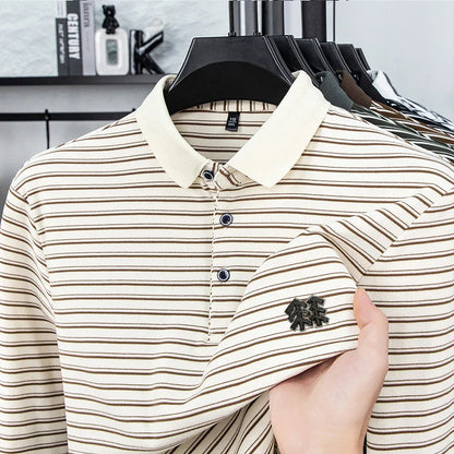 Men's Striped Long Sleeved T-shirt Polo Shirt Button Up Men's Stand Up Collar, Winter Double-sided German Velvet Base Shirt