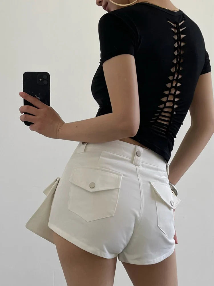 Back Hollow Out Solid Women's T-shirt Korean Fashion Short Sleeve Slim Streetwear Summer Tops Soft Tees Female Clothing