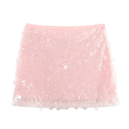 Women Spring Autumn Chic Mini Skirts Fashion With Sequined Solid Side Zipper Short Skirt Female Vintage High Waist Skirt