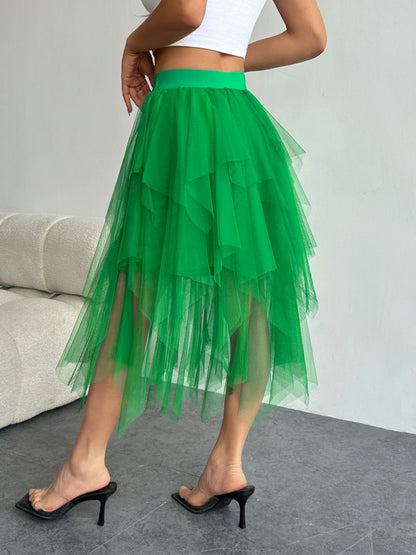 Ladies' high waisted elastic waist layered chiffon midi skirt with irregular asymmetric hem party casual mesh fairy ballet skirt