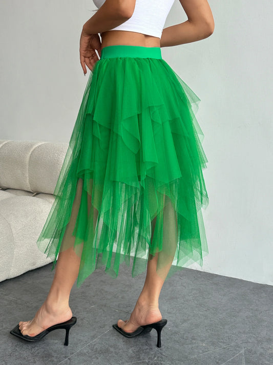 Ladies' high waisted elastic waist layered chiffon midi skirt with irregular asymmetric hem party casual mesh fairy ballet skirt
