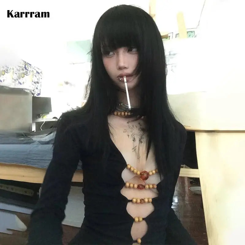 Japanese Y2k Hollow Out Tops Vintage Harajuku Beaded T Shirt 2000s Aesthetics Long Sleeve Slim T-shirts American Retro