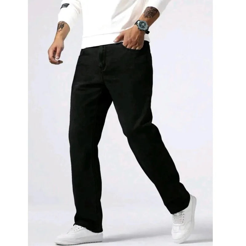 New Spring Autumn Straight Jeans Micro Elastic Versatile Pure Black Casual Denim Pants Men's Solid Color Baggy Regular Trousers