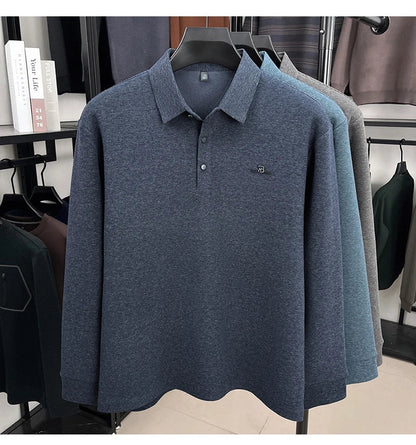 Fashion brand men's long sleeve polo shirt soft plush warm comfort new letter embossed solid color business casual lapel T-shirt