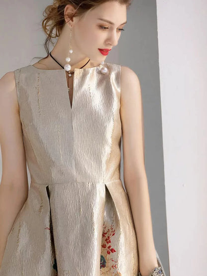 Luxury Women Fashion High Quality Jacquard A Line Ball Gown Sleeveless Summer Casual Clothing Midi Femme Party Dressses