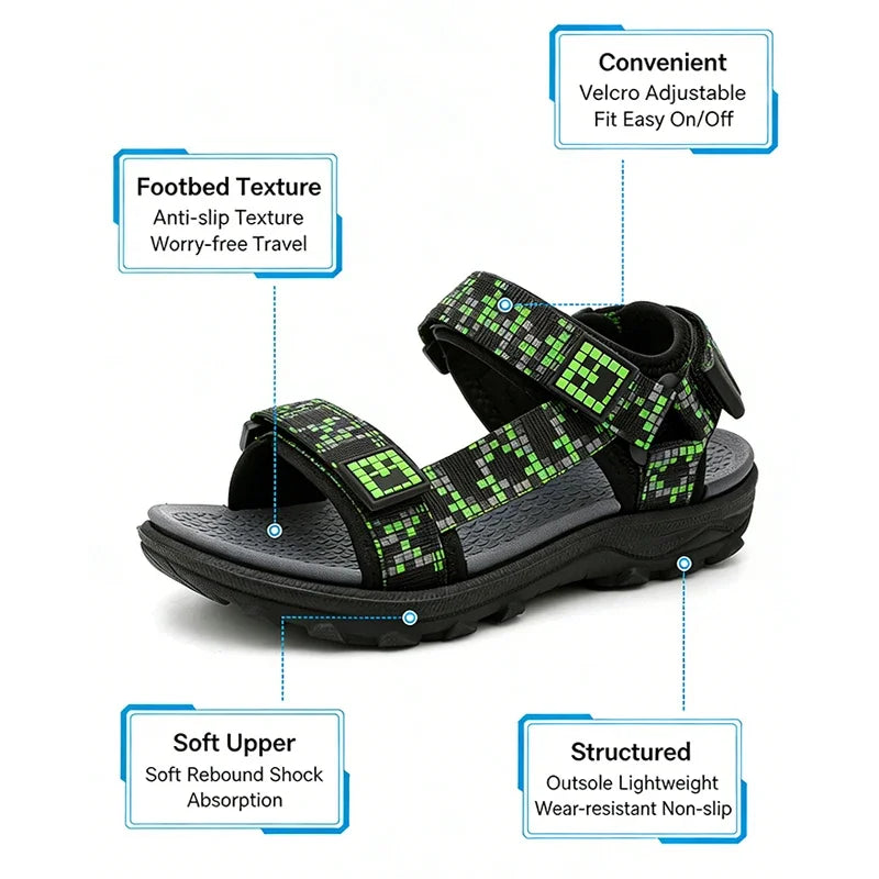 Boys Adjustable Hook Loop Sandals Non-Slip Wear-Resistant Breathable Soft Sole Casual Outdoor Beach Sports Shoes for Kids