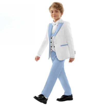 Premium Boys White And Light Blue Contrast Formal Suit Set 4PCS Design Elegant Occasion Wear For Wedding Banquet Performance