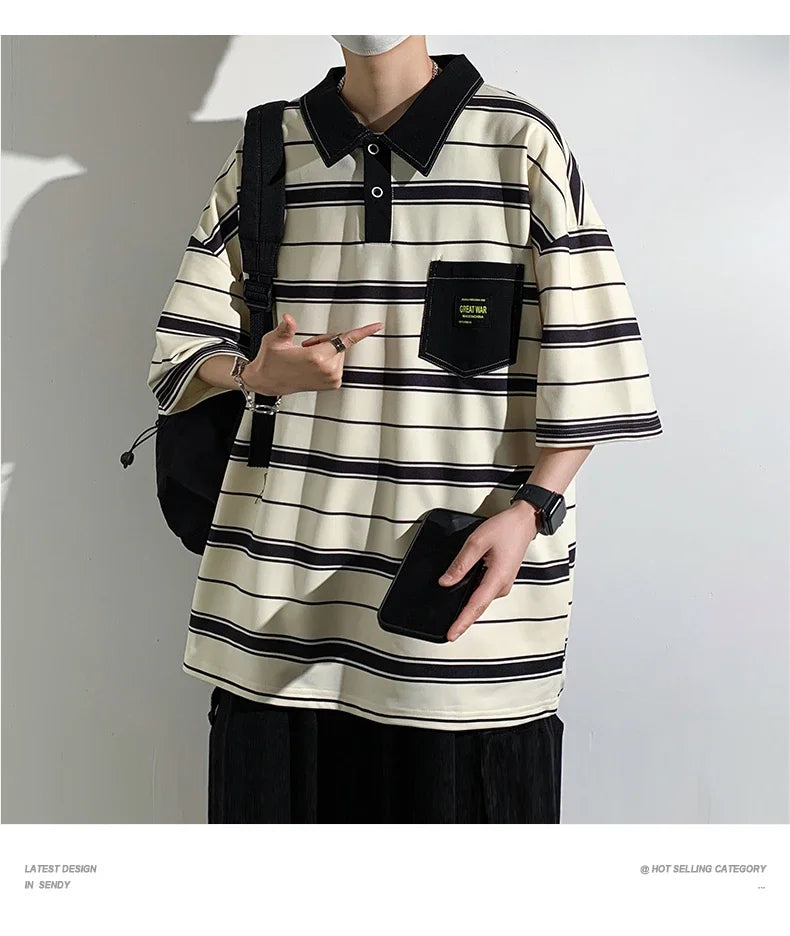 2024 New Summer Men POLO Shirt Trend Loose Clothing Students Short-sleeved T Shirt Tops Round Neck Five-quarter Sleeve Harajuku