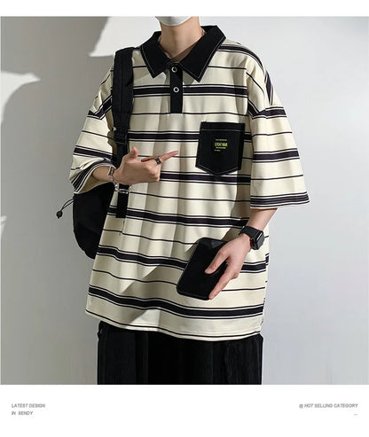 2024 New Summer Men POLO Shirt Trend Loose Clothing Students Short-sleeved T Shirt Tops Round Neck Five-quarter Sleeve Harajuku