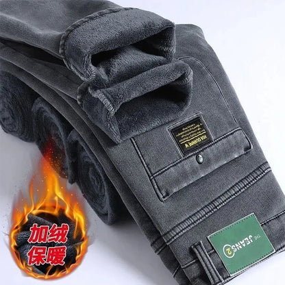 Winter New Fashionable Solid Color With Thick Fleece and Warm Straight Leg Elastic Jeans For Men's Casual Sports High-end Jeans