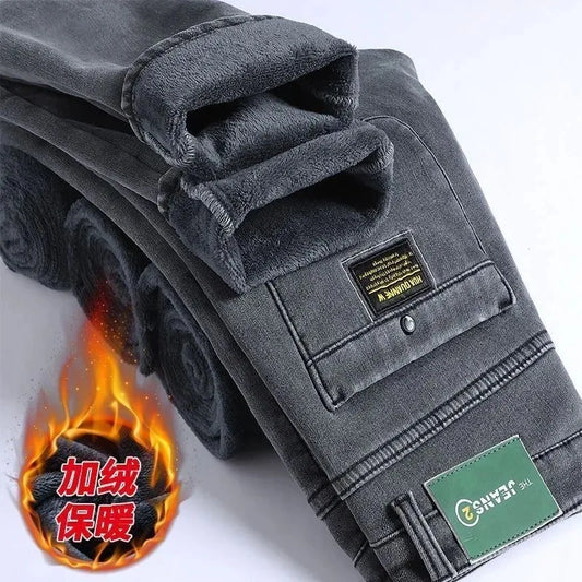 Winter New Fashionable Solid Color With Thick Fleece and Warm Straight Leg Elastic Jeans For Men's Casual Sports High-end Jeans