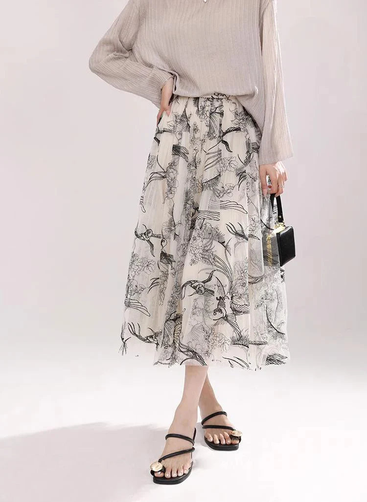 Women Flocking Flower Tulle Gauze Skirt Elegant Sweet Elastic Waist Midi Floral Mesh Skirt For All Season