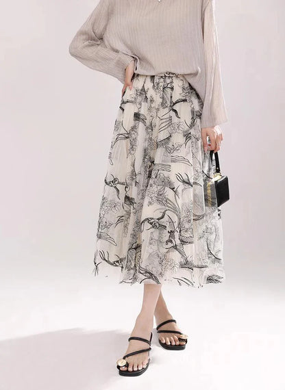 Women Flocking Flower Tulle Gauze Skirt Elegant Sweet Elastic Waist Midi Floral Mesh Skirt For All Season