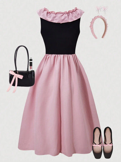 Girls' fashionable and elegant summer dress with outdoor casual square collar design paired with ruffled edge dress